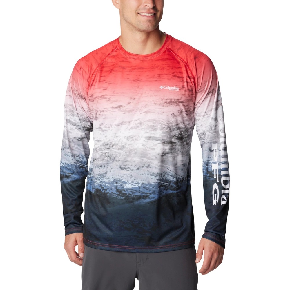 Columbia PFG Fishing Shirt Mens XXL Red Black Ombre Long Sleeve Performance Top